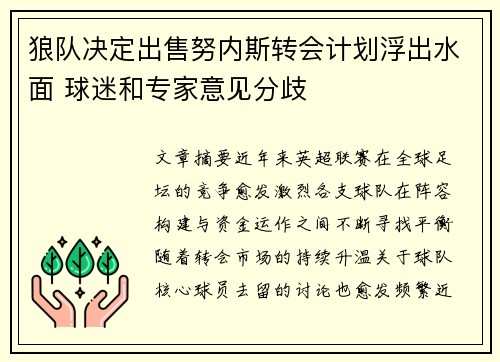 狼队决定出售努内斯转会计划浮出水面 球迷和专家意见分歧